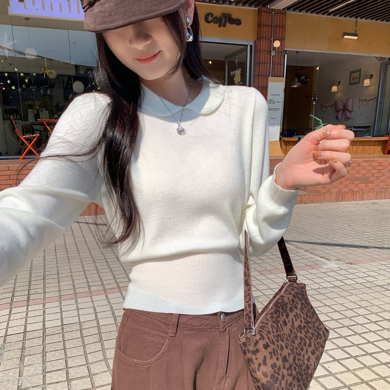 Unique White Peter Pan Collar Knit Bodysuit for Women,Waist-Cinching, Slimming Inner Layer Top