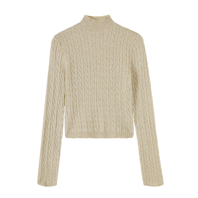 Chic Gray Cable Knit Crewneck Sweater Top for Women,  Slim Fit Short Length Underwear Shirt